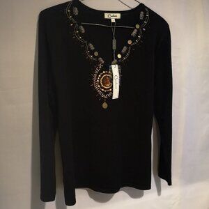 NWT Carducci Ladies Size Large Black with Bead Design V-neck Sweater